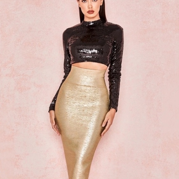 ‼️WOW‼️NEW HOUSE OF CB Michaela Gold Foil Bandage Super High Waisted Skirt ‼️ - Picture 5 of 11